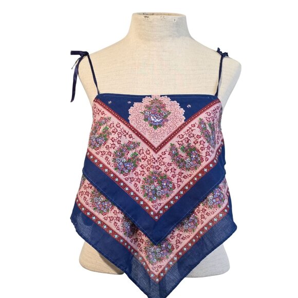 Vtg Womens Handmade French Scarf Crop Top Small Tie Straps Boho Festival Hippie - Picture 1 of 10